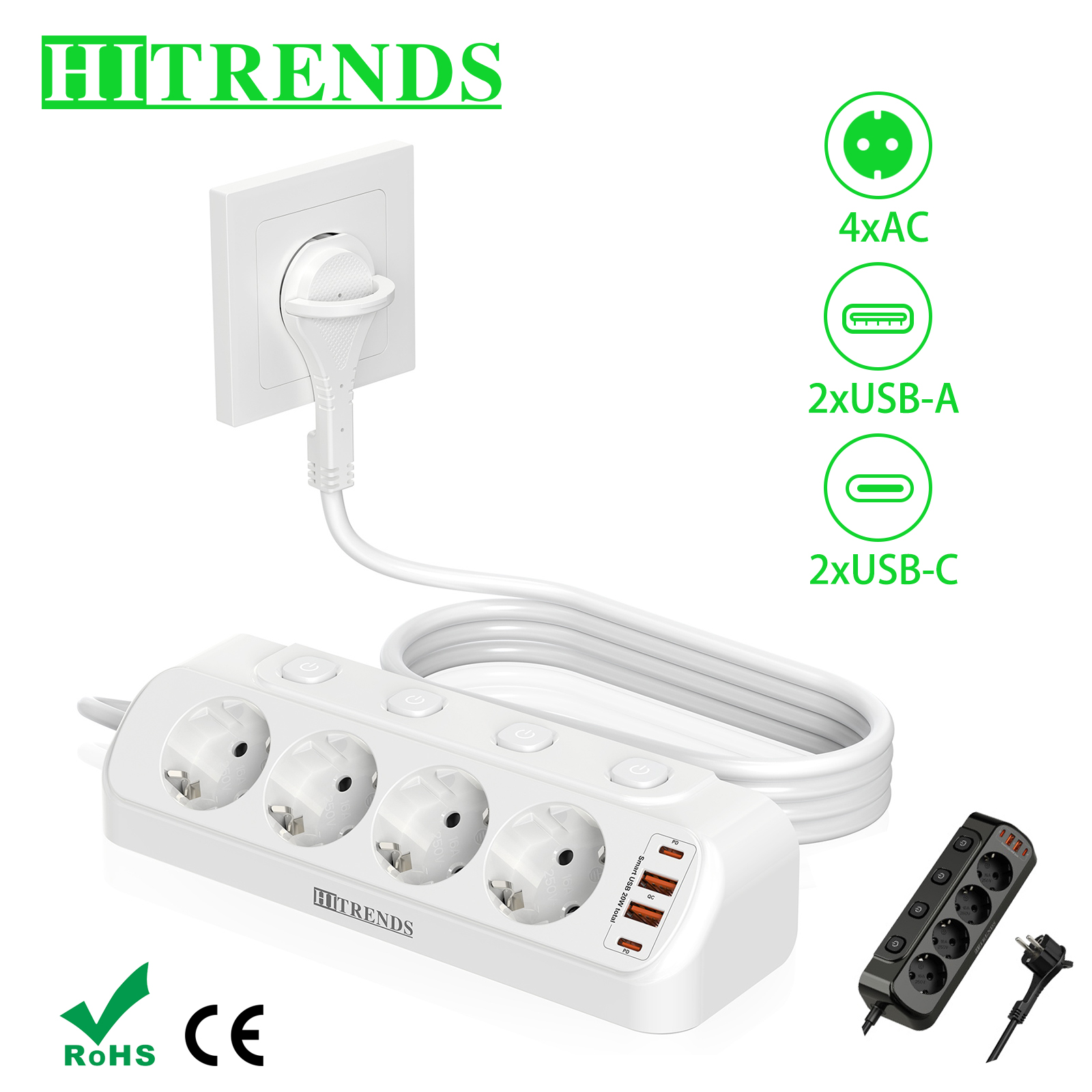 Power Strip Flat - Europese desktopcontactdoos multi-contact stekkerdoos met 2