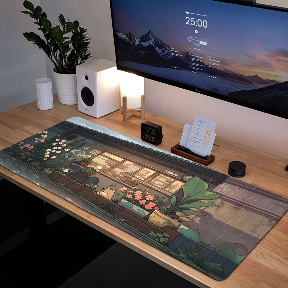 Desk Setup With Laptop - Cosy Anime Street Extended Gaming Muismat