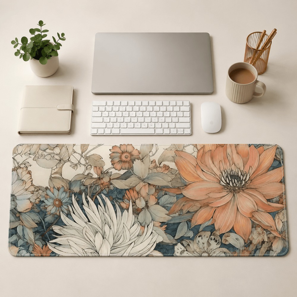 Desk Setup With Laptop - Retro bloementafelmat met planten- en bloemenprints,